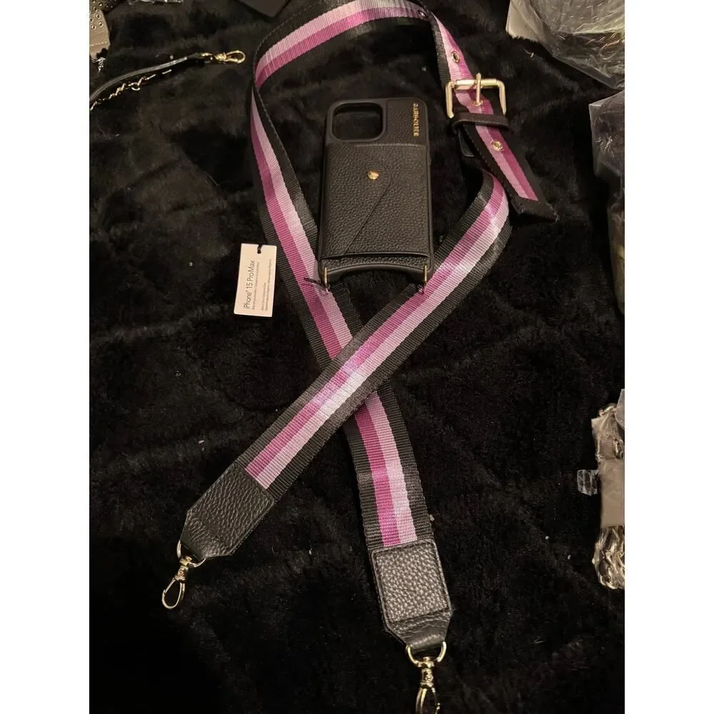 Bandolier 15 pro max Haley wallet case & Thick nylon& leather purple skye strap